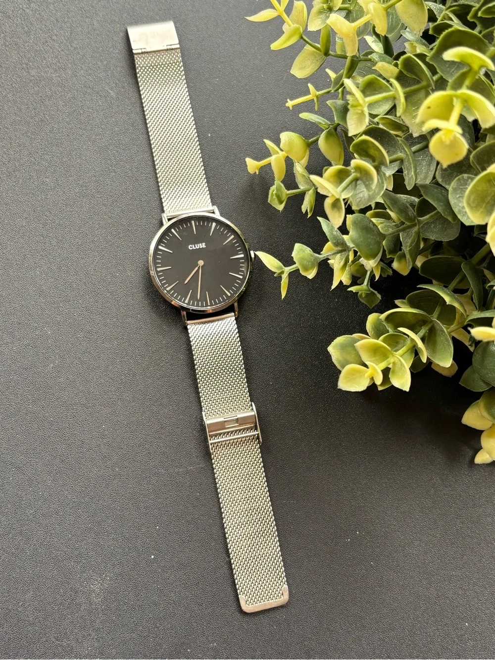 Men's Silver Mesh Bracelet Watch with Black Dial